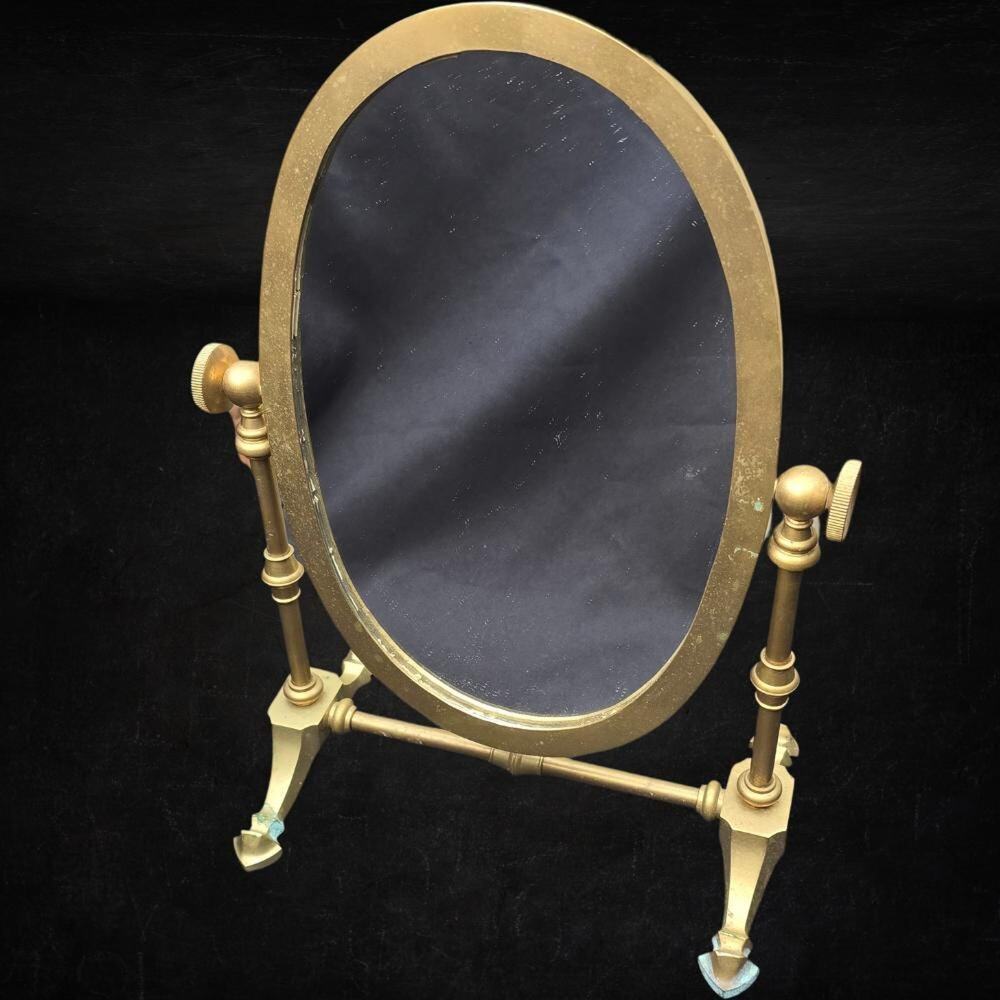 Vintage Brass Oval Tilting Tabletop Vanity Mirror – Hollywood Regency 13.75"